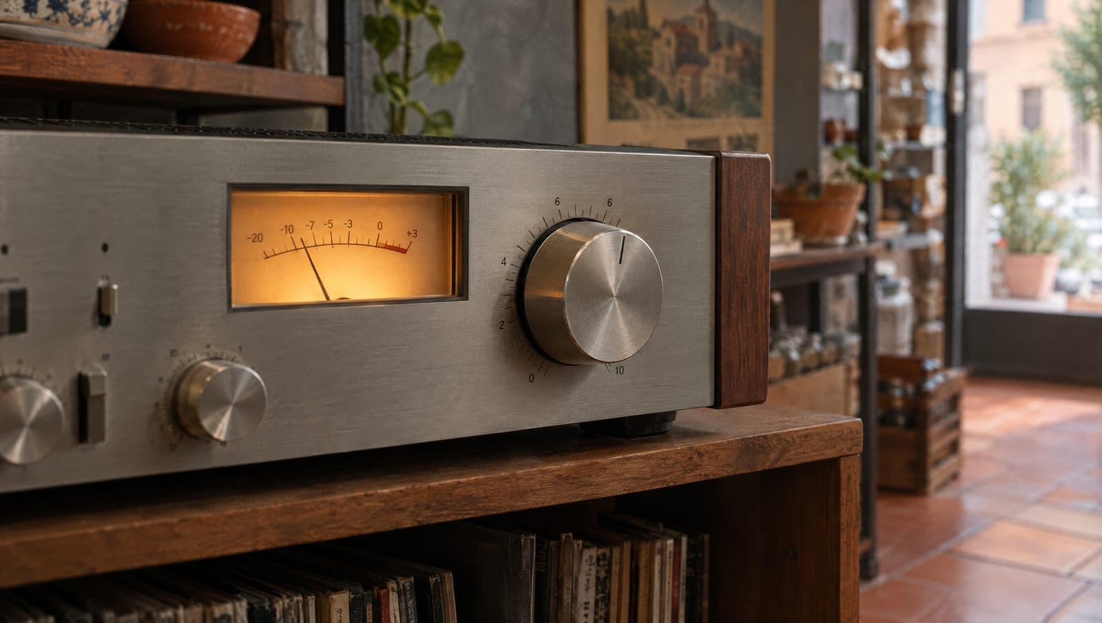 La manopola del volume e il VU-meter illuminato di un amplificatore hi-fi degli anni Ottanta
