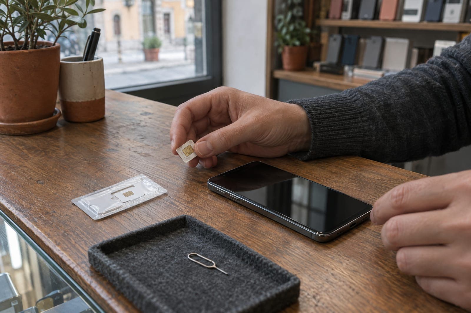 Una SIM nuova sul banco accanto a uno smartphone, pronta per essere inserita